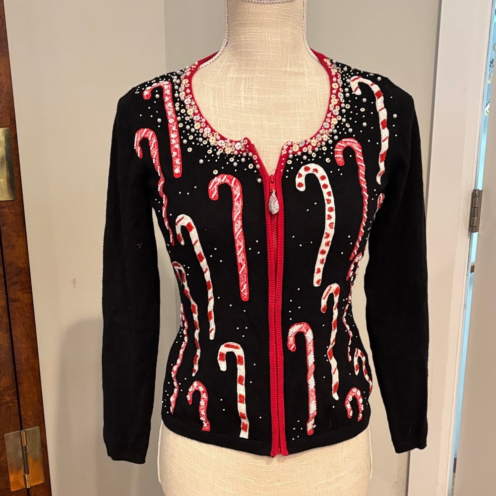 Vintage Jack B Quick Candy Cane Sequin Christmas Sweater Zip Up Cardigan Size PP